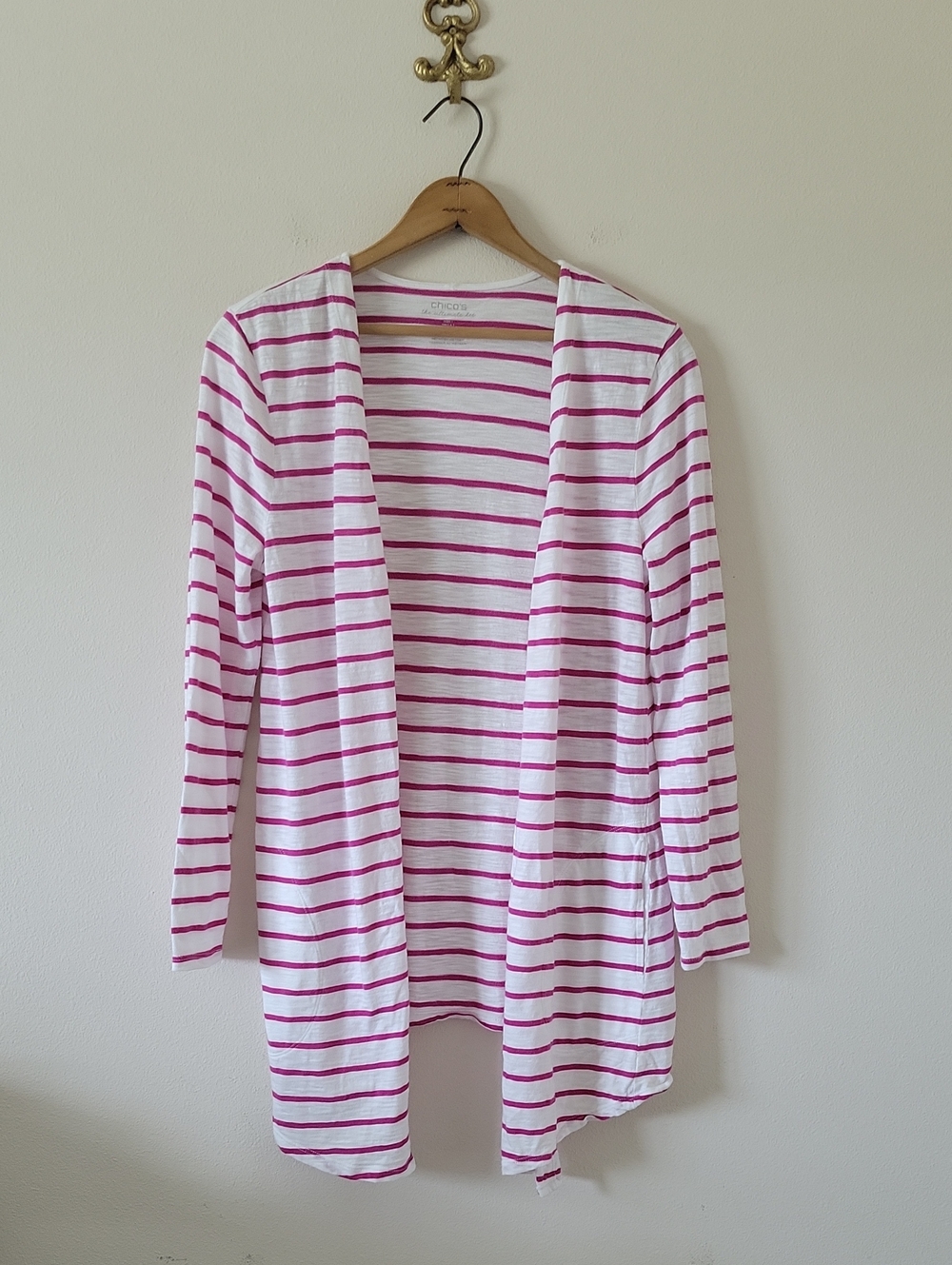 Chico's Pink White Stripe Ultimate Tee Open Cardigan Size Medium
